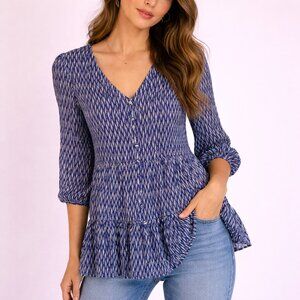 Anthro Maeve Lila Tunic XS Blue Print Tiered Babydoll Button Front Top